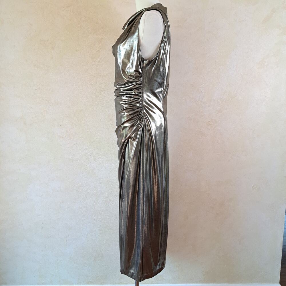 Vince Camuto Liquid Metallic Cowl Neck Midi Dress Size 12 Ruched Pewter Cocktail - Picture 6 of 13
